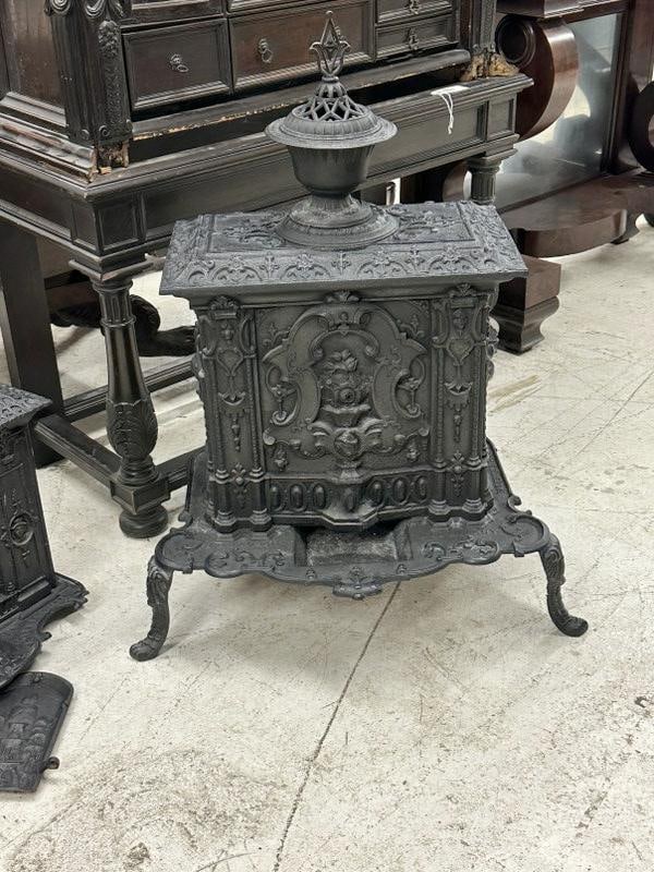 19th c (S H Ransom Albany NY) cast iron parlor stove, intact, measures 37" high to top of finial, (1 of 8)