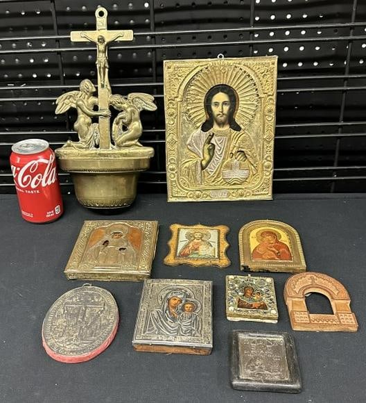 Lot of early Russian icons and related ,in estate found condition, largest measures 9" X 7" to show (1 of 10)
