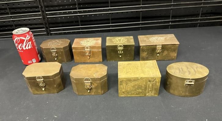 Lot of 8 decorative brass boxes, some may be Russian, nice patina, 6 have mongrammed tops. (1 of 10)