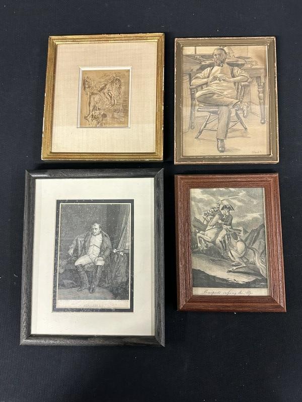 Lot of 4 framed pcs including 2 Napoleon prints, early etching of woman, and pencil drawing of man (1 of 6)
