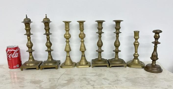 Lot of 8 brass candlesticks including 3 pair, tallest measure 10" high (1 of 4)