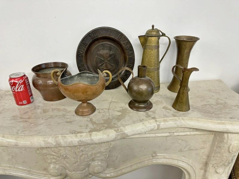 Misc lot of Russian (?)  copper & brass metalware and wood carved plate. (1 of 9)