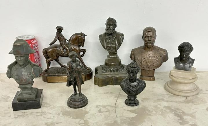 Lot of 7 bronze figures & (1) bronze coated Paul Revere on Horse,  also Napoleon and others, nice (1 of 8)