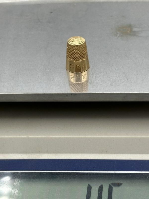 14K gold thimble, not marked 14K, tests 14K, weighs 4.5 dwt, monogrammed as pictured. (1 of 3)