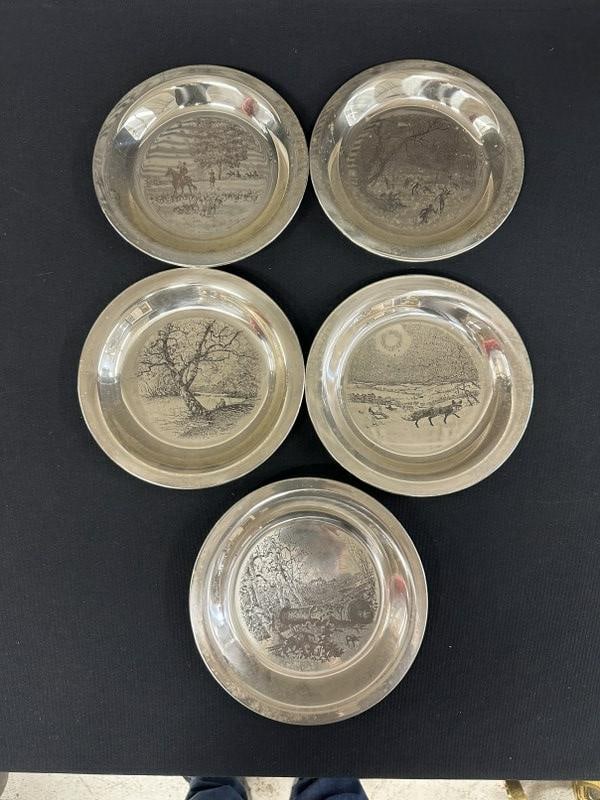 (5) JAMES WYETH sterling silver limited edition plates, nice estate found condition. All titled on (1 of 5)