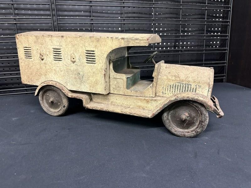 Pressed Steel STURDITOY truck, closed body, missing door on back, older white paint over original (1 of 7)