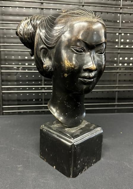 Bronze bust of Asian woman on wood base, marked as pictured. Measures 13" high with dark patina. (1 of 7)