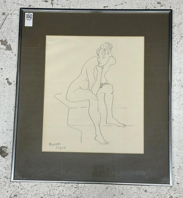 Raphael Soyer (1899 - 1987) nude female drawing, signed lower right, in silver metal frame, drawing: Raphael Soyer (1899 - 1987) nude female drawing, signed lower right, in silver metal frame, drawing measures 16" x 13", the frame measures 23.5" x 20.5", in very nice estate condition.