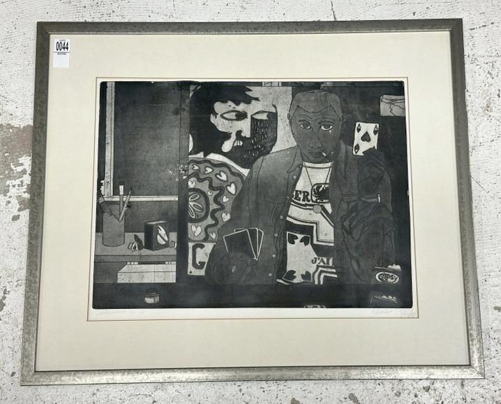 Mid Century signed illegibly print with man holding cards, dated 1967. titled ( Self Portrait 15 (1 of 5)