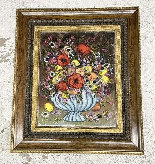 Older reverse painted with foil work floral still life on glass, signed ( PIRRO ), in nice older (1 of 4)