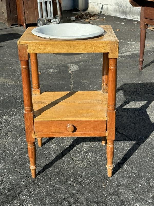 Country pine washstand w/porcelain wash bowl, 1 drawer on bottom, measures 17.5" W x 14.5" D x 28.5" (1 of 3)