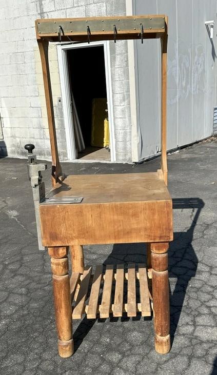 Kitchen butcher block w/hangers for pots and pans, and commercial can opener (butcher block is not (1 of 2)