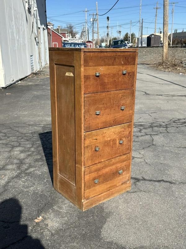 4 drawer maple storage chest, with art deco pulls, measures 20" W x 16" D x 45.5" H. (1 of 3)