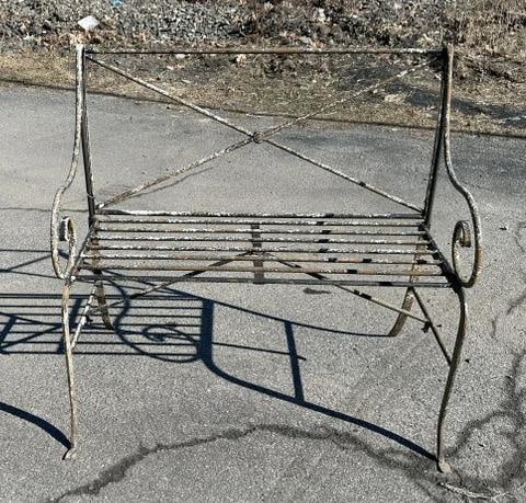 Decorative metal bench in old black & white paint, measures 37" W x 21" D x 35" H. (1 of 4)