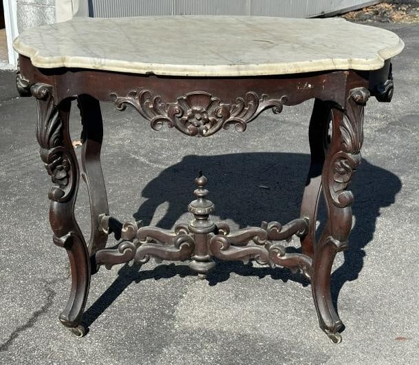 Fancy victorian marble top table w/ carved apron and legs, hairline crack on marble, stuctrurally (1 of 6)
