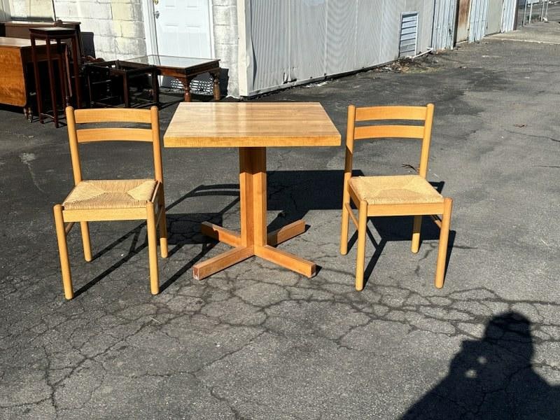 Very clean maple butcher block dinette table w/2 maple chairs w/rush seats, table measuers 30" x 30" (1 of 3)