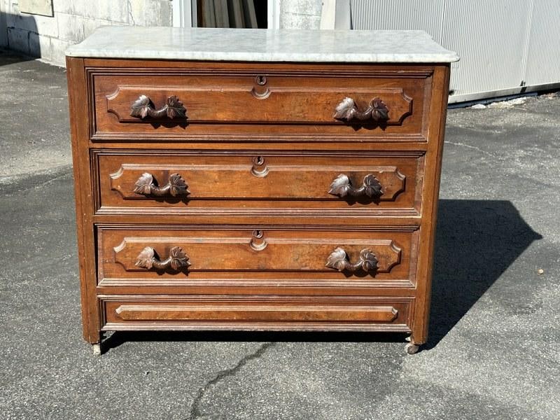 Victorian marble top 3 drawer dresser w/carved pulls, structurally sound, measures 37.5" W x 17" D x (1 of 4)