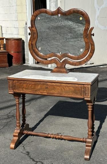 Empire period marble top dressing table w/swinging mirror, corner piece of marble has been cut and (1 of 4)