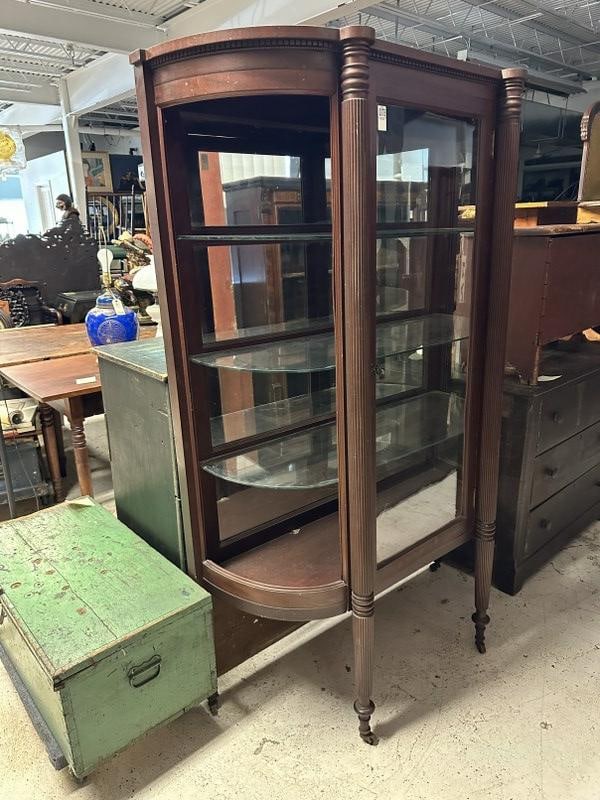 Mahogany curved glass china closet, mirror back, plate glass shelves, reeded columns. (Missing 1 (1 of 4)