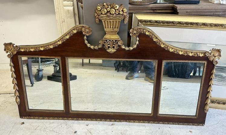 Circa 1900 decorative mahogany morror with gold trim and gold urn of flowers on top. From fine (1 of 7)