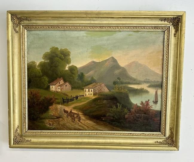 19th c o/c landscape with water on right with sailboat, farmhouse with barn on the left, with man in (1 of 3)