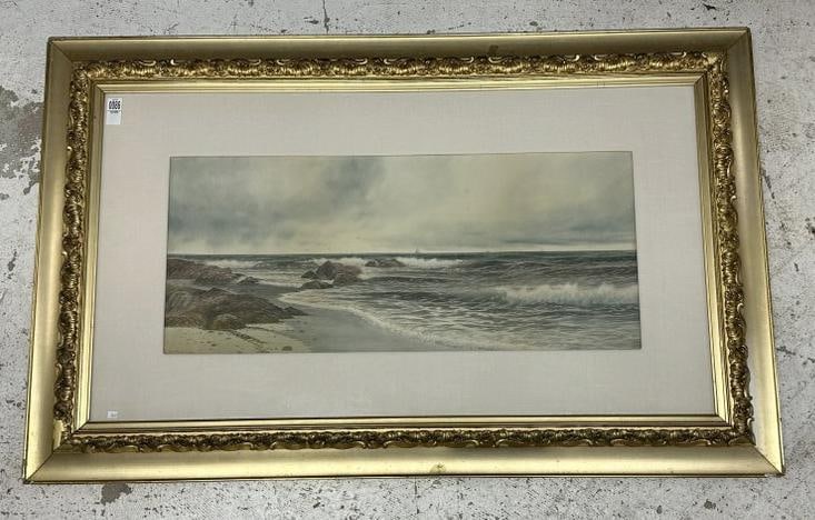 George Howell Gay (1858 - 1931) large seascape watercolor with waves crashing, in period gold frame. (1 of 4)