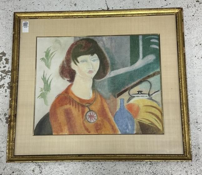 Irvin Nahan (American/Philadelphia, b. 1927) impressionist pastel of woman with tea kettle and vase: Irvin Nahan (American/Philadelphia, b. 1927) impressionist pastel of woman with tea kettle and vase on right side. From fine NYC estate, same as other pieces in sale by him. The pastel measures 17" x 