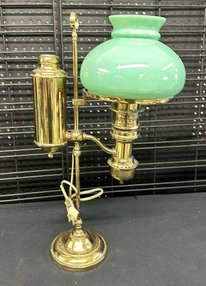 Older polished brass student lamp with light green shade ( shade not old ), fine condition, from (1 of 2)