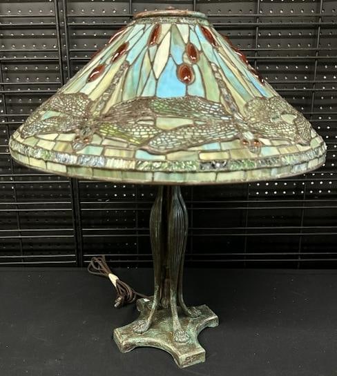 Quality ( non antique ) leaded glass dragonfly shade table lamp on bronze base with verdigris (1 of 5)