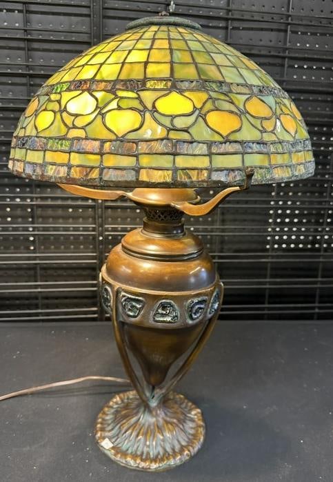 Quality ( non antique ) leaded glass table lamp, with heavy bronze base with glass chunks inset in (1 of 8)