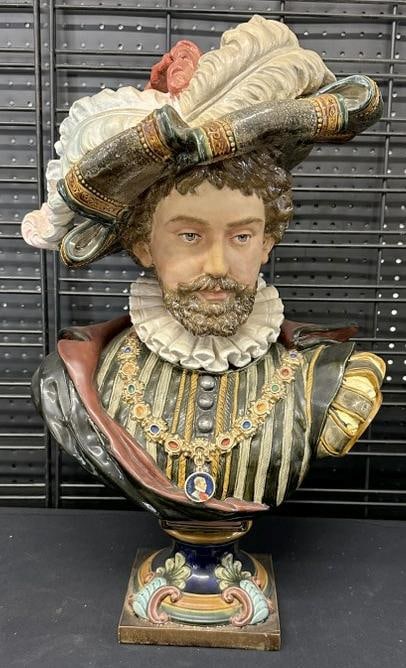 Glazed majolica bust of Gentleman in fancy hat with plumes, unmarked on base, fine estate condition, (1 of 9)