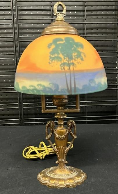 15" high reverse painted landscape scenic shade table lamp, nice overall nice condition. From (1 of 5)