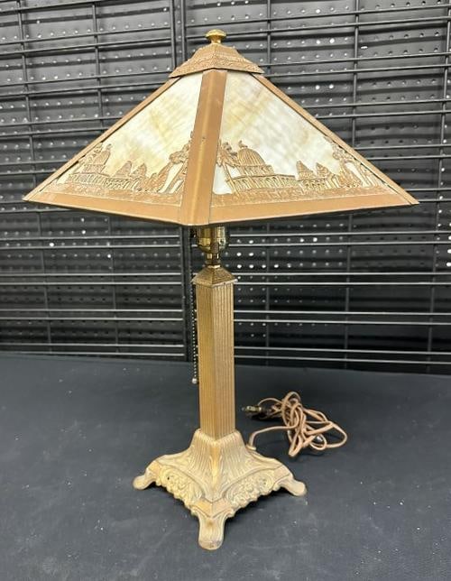 Circa 1900 slag glass panel table lamp with buildings & trees on all panels. From fine Chester, N.Y. (1 of 6)