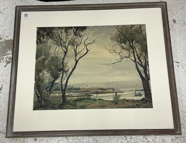 William Lester Stevens (1888 - 1969) w/color landscape, signed lower right. Sailboat on water in: William Lester Stevens (1888 - 1969) w/color landscape, signed lower right. Sailboat on water in foreground, and bridge in background. The watercolor measures 19" x 25.5", the frame of the period meas