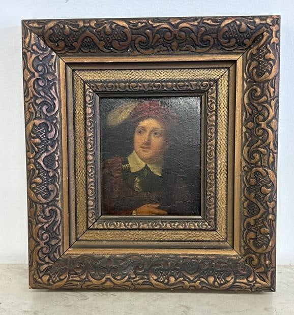 Late 18th early 19th c oil on wood panel of Gentleman in red cap with plume, unsigned, from fine NYC (1 of 3)