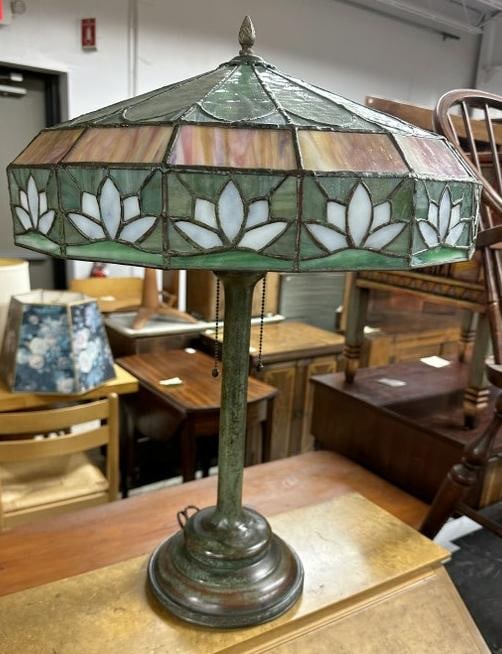 Very nice circa 1910 leaded glass table lamp with flower motif border, and wonderful patina on base (1 of 12)