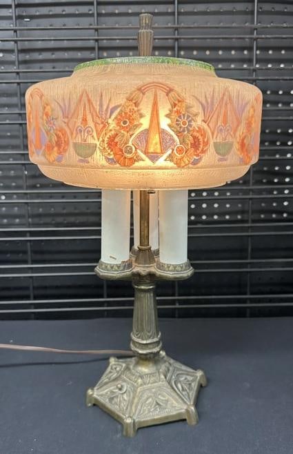 Circa 1920's decorative table lamp with very nice glass shade with floral design. Nice overall (1 of 6)