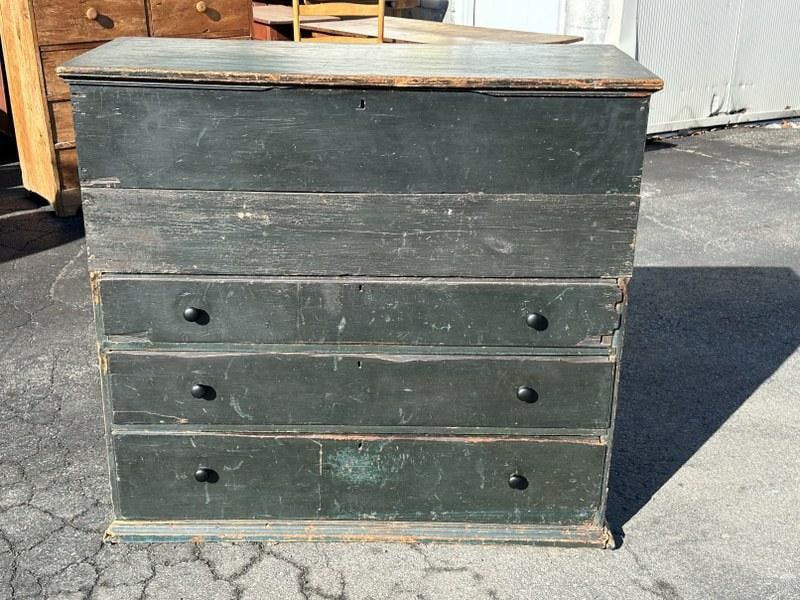 19th century lift top blanket box in old blue paint, wear to 1 drawer on end as pictured, good (1 of 9)