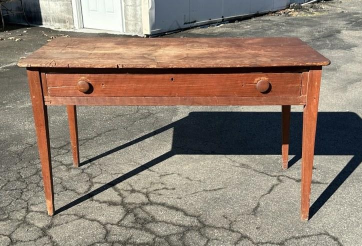 Pine country 1 drawer work table w/tapered leg, from Hudson Valley estate, measures 48" W x 23" D x (1 of 3)