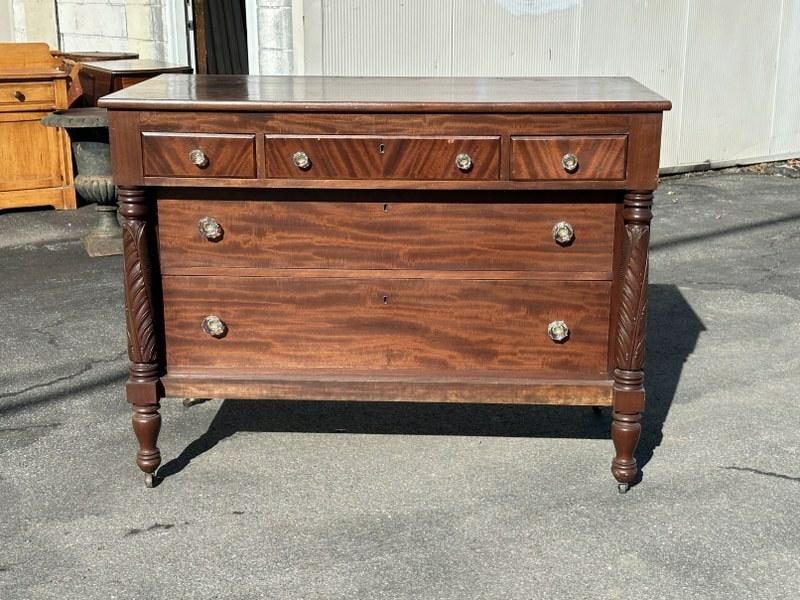 Mahogany federal chest of drawers w/glass pulls, little bit of veneer lifting up on sides, measures (1 of 3)