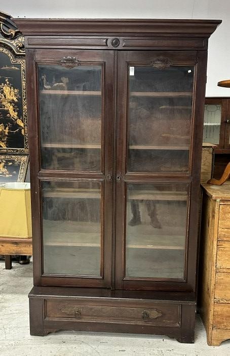 Victorian 2 door bookcase w/1 drawer on bottom, replaced plywood back, adjustable shelves, measures (1 of 2)