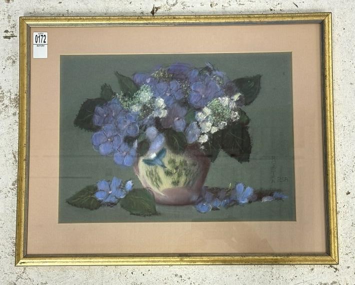 Roszika Hetyel-Ascenzi (PSA) pastel titled ( HYDRANGEAS ) with 1994 SALMAGUNDI CLUB Exhibition label: Roszika Hetyel-Ascenzi (PSA) pastel titled ( HYDRANGEAS ) with 1994 SALMAGUNDI CLUB Exhibition label on back, biography on back as pictured. From NYC estate. Pastel measures 12" x 17", frame measures 