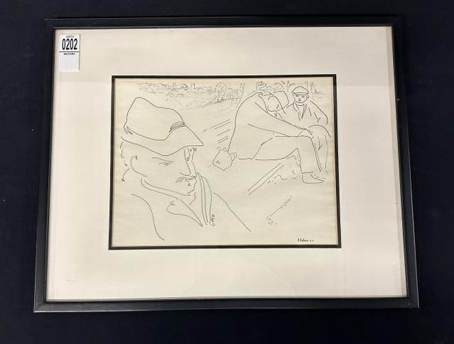 Irvin Nahan ( b 1927 ) pen & ink drawing of two men & young boy on park bench, signed lower right & (1 of 3)