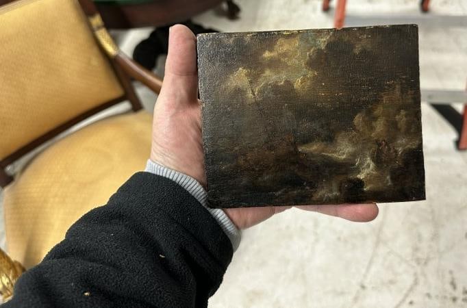 Early o/wood panel seascape with (2) boats in crashing waves and dark skies (stormy weather ), wood (1 of 5)