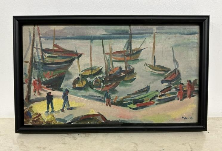 Impressionist o/c seascape with boats by dock, initialed illegibly ( possibly dated 1933 ), painting (1 of 3)