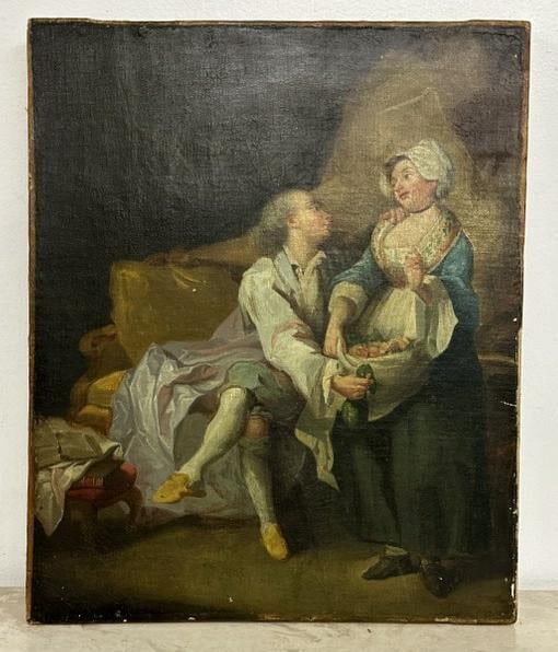 19th c o/c man & woman seated, she's holding basket, unsigned, ( unframed ), appears to have been (1 of 4)