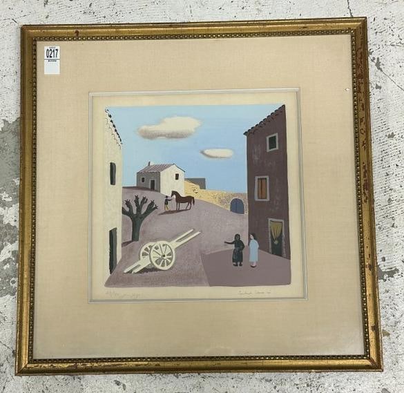 Jean Hugo ( 1894-1984 ) signed print women talking by cart with man in background with horse, (: Jean Hugo ( 1894-1984 ) signed print women talking by cart with man in background with horse, ( numbered 48 of 130 printed ), signed lower left, ( Constant Idoux Series ). In fine condition, image mea