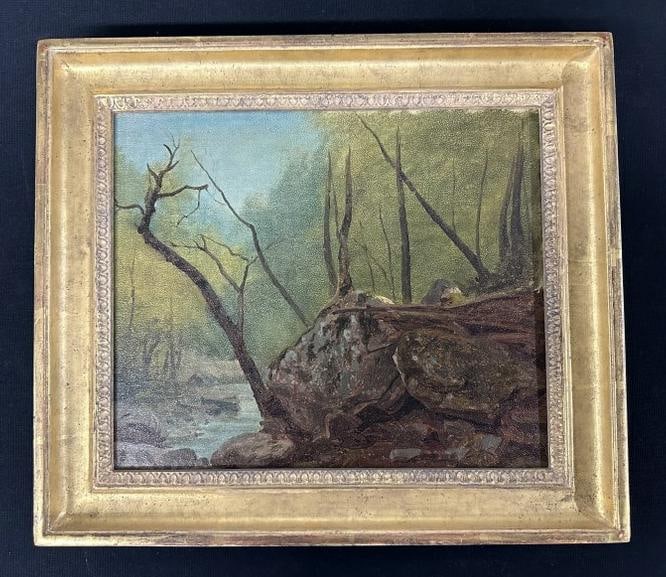19th c o/c landscape ( Adirondack Sketch Gifford on tag on back  ), painting measures 10" x 12", (1 of 3)
