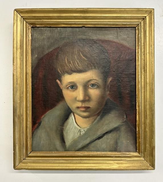 Wonderful o/c portrait of young boy signed ( Benton ) dated 1935, in frame of the period. In nice (1 of 5)