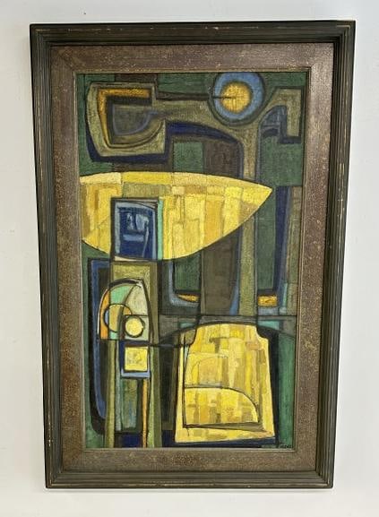 James V. Harvey (1929-1965) abstract o/c titled ( TRANSFIGURED MACHINE ), signed on front and many (1 of 9)